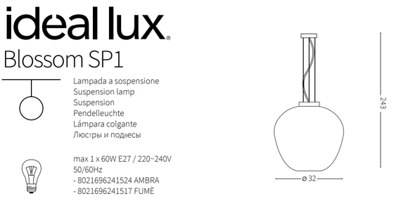 Ideal Lux Blossom SP1 Zwis w kolorze dymnym