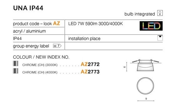 Oprawa wpuszczana Azzardo Una LED 3000K IP44 AZ2772